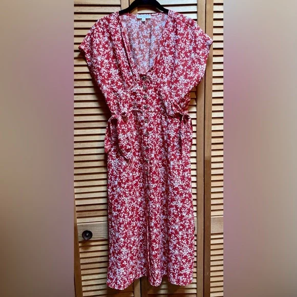 Blu Pepper | Dresses | Blu Pepper Orange Floral Midi Dress With Side Ties  And Buttons | Poshmark